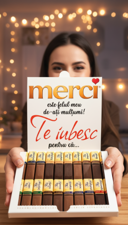 8 Martie - Cutie cu ciocolată "Merci" 250g, personalizată cu 20 de motive pentru care te iubesc