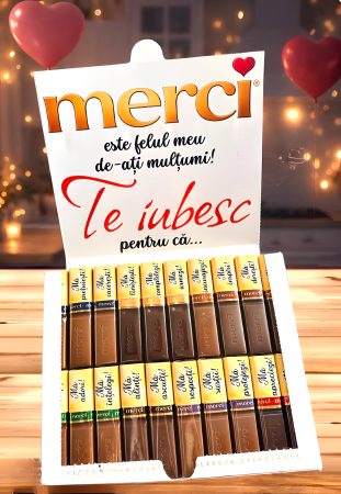 Cutie cu ciocolată "Merci" 250g, personalizată cu 20 de motive pentru care te iubesc [5]