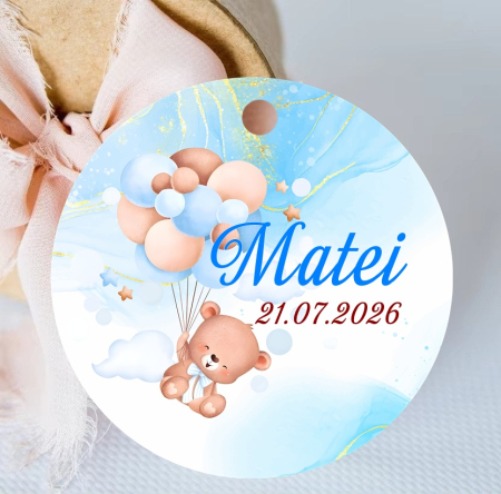 BOTEZ - Eticheta cerc 3.8 cm Teddy Blue