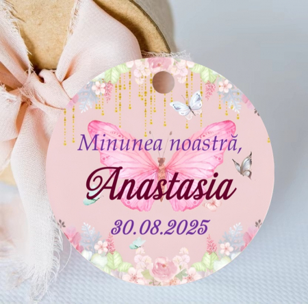 Eticheta marturii botez FLUTURI roz (5 cm)