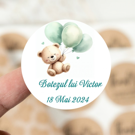 Etichete MARTURII - Eticheta  adeziva Ursulet cu baloane verzi (3.8 cm)