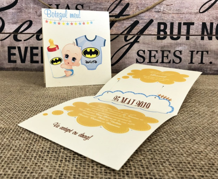 INVITATII BOTEZ - invitatie - Baby BATMAN (model crem perlat)