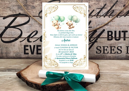 INVITATII BOTEZ - Invitatie papirus URSULETI cu baloane verzi (PM210)