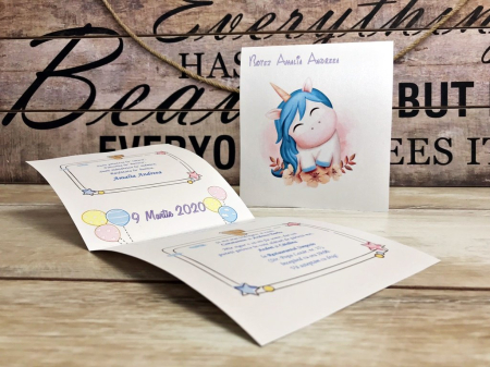 INVITATII BOTEZ - Invitatie Bebe Unicorn (alb sidefat)