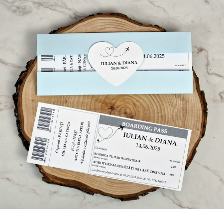 INVITATII NUNTA - Invitatie BILET de AVION (BLUE Style)