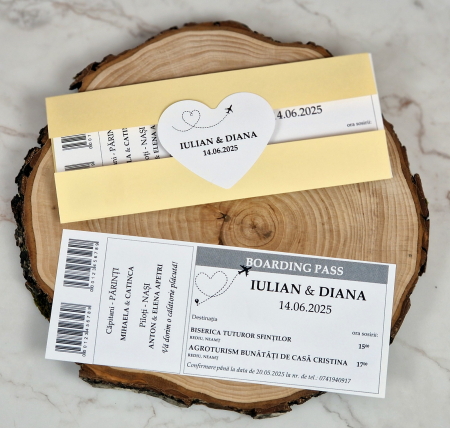 INVITATII NUNTA - Invitatie BILET de AVION (YELLOW Style)