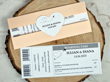 INVITATII NUNTA - Invitatie BILET de AVION (PEACH Style)