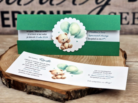 Invitatie botez 83 Ursulet cu baloane verzi