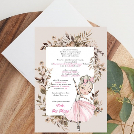INVITATII BOTEZ - Invitatie botez BALERINA PM152 ( plic alb)