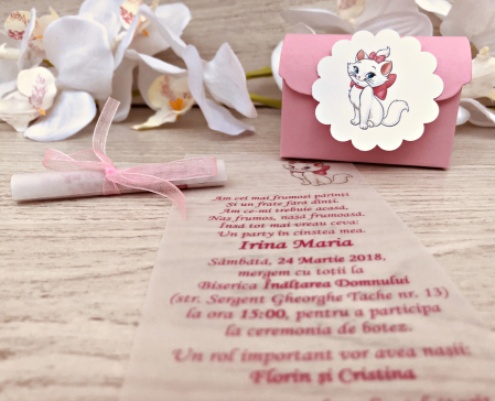 Invitatie botez, model cufar Pisicuta
