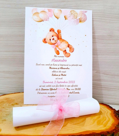 INVITATII BOTEZ - Invitatie botez TEDDY PINK