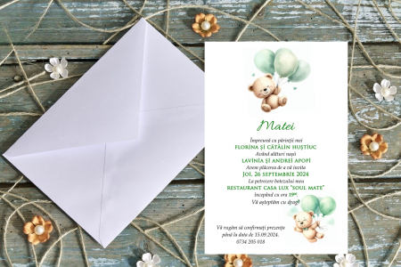 Invitatie  Ursulet cu Baloane Verzi (plic alb) PM210