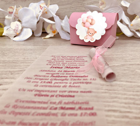 INVITATII BOTEZ - Invitatie - cufar roz F7 Teddy