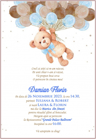 Invitatii digitale BOTEZ - Invitatie electronica - URSULET CU BALOANE PM33