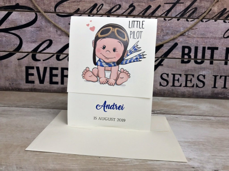 INVITATII BOTEZ - Invitatie Micutul Pilot (crem sidef)