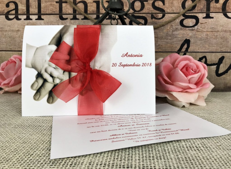 Invitatii Nunta & Botez - Invitatie NB cu fundita ROSIE