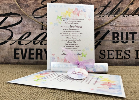 INVITATII BOTEZ - Invitatie papirus - FLUTURI COLORATI