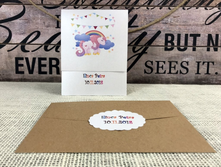 INVITATII BOTEZ - invitatii Unicorn Baby (alb sidefat)