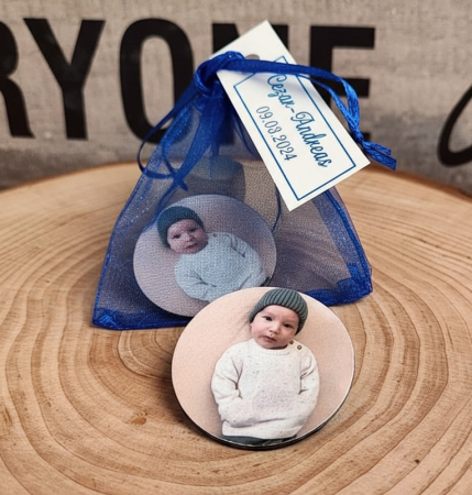 BOTEZ - Magnet foto rotund in saculet ALBASTRU