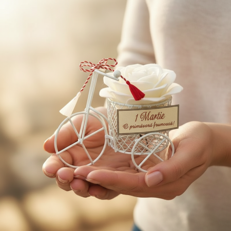 Martisor Bicicleta cu Trandafir de Sapun ALB [1]