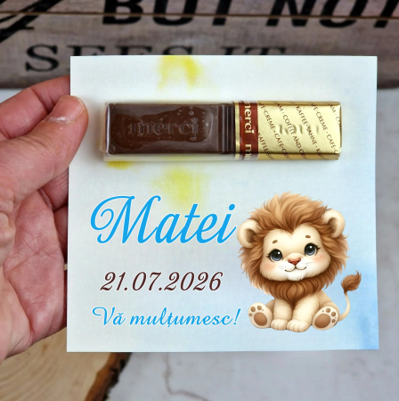 Marturii botez ciocolata cu Baby, Lion 10x9cm, ciocolată inclusă