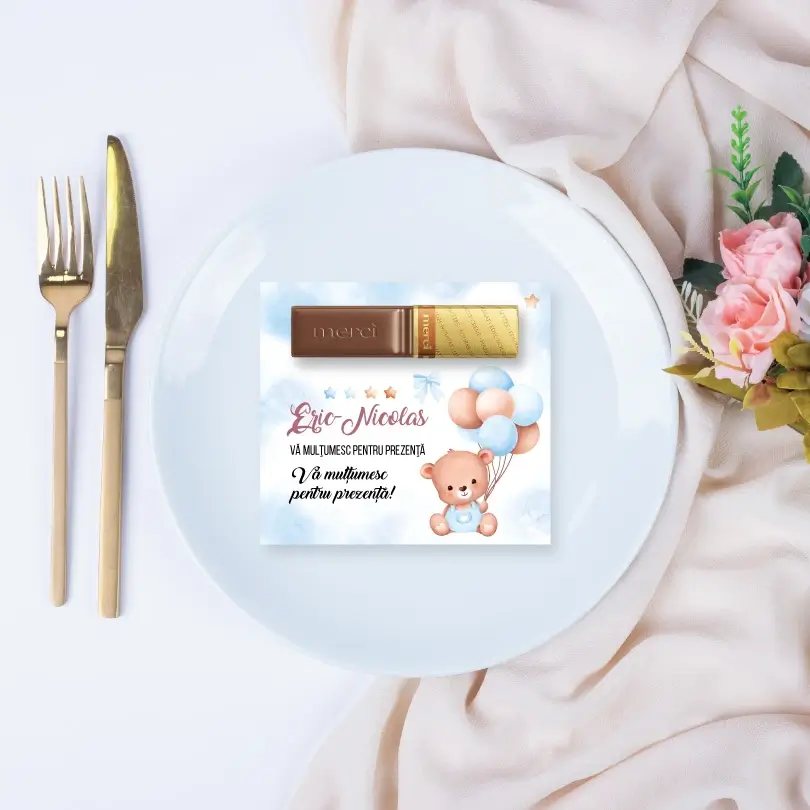 BOTEZ - Marturii botez ciocolata cu Ursulet blue, 10x9cm, ciocolată inclusă