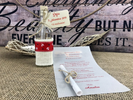 INVITATII BOTEZ - Mesaj in Sticla Nautic - (model rosu)