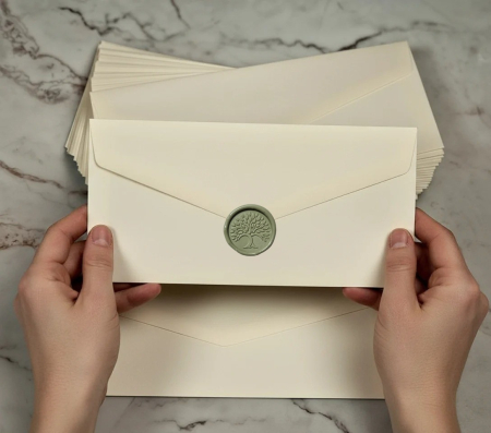 Plicuri si cartoane pentru INVITATII - Plic crem sidefat ( 27 cm x 11 cm) & sigiliu ceara
