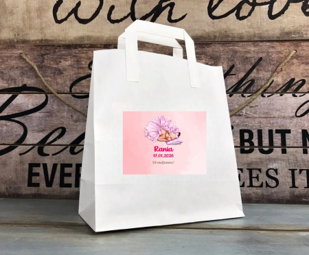 Cutii prajituri & pungi - Punga botez BEBELUSA IN ROCHITA ROZ