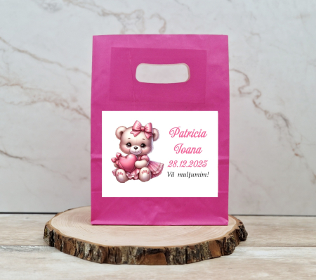 Cutii prajituri & pungi - Punga Roz URSULET cu INIMIOARA