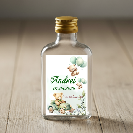 Marturii BOTEZ - Sticla botez 100 ml Ursulet cu baloane verzi