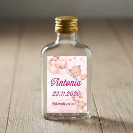 Marturii BOTEZ - Sticla Flask 100 ml + dop metalic - Ursulet Roz