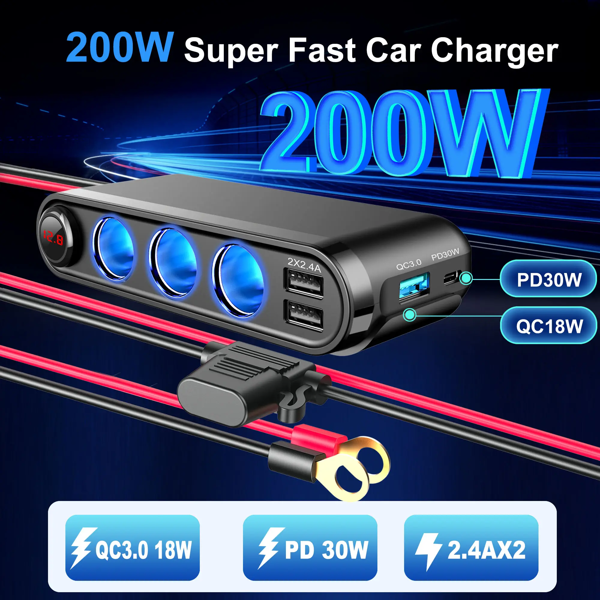 Dispozitiv Auto Premium 3in1 Splitter Bricheta Incarcator USB USB-C Voltmetru Digital 12V 24V – IoArtify.ro [2]