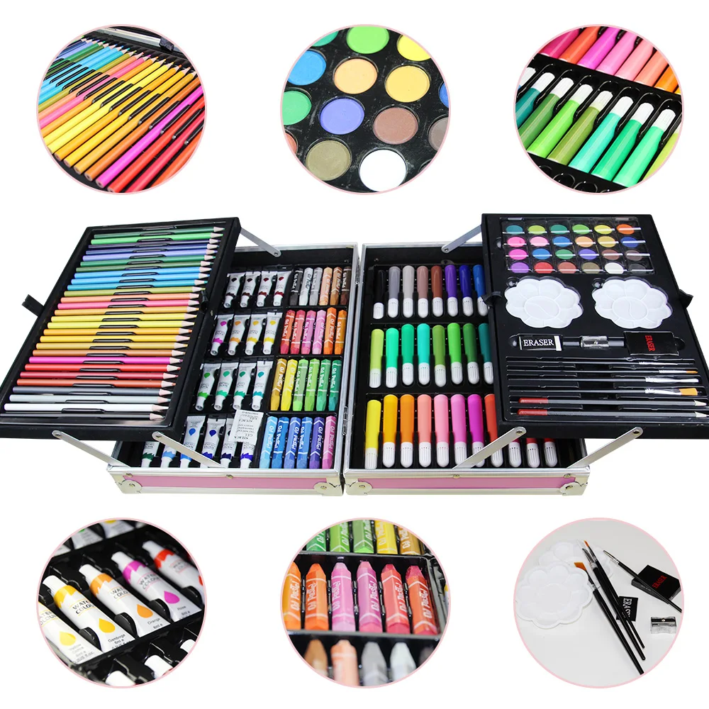 Set 145 piese pentru pictura pentru copii sau adulti pixuri creioane si vopsele cu geanta de transport roz unicorn model AVX-WT-MONETE145 - IoArtify.ro [3]