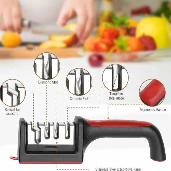 Ascutitor pentru Cutite si Foarfece cu 4 Niveluri si Maner Ergonomic 21.5 x 5 x 5.6 cm Negru cu Rosu - IoArtify.ro [9]