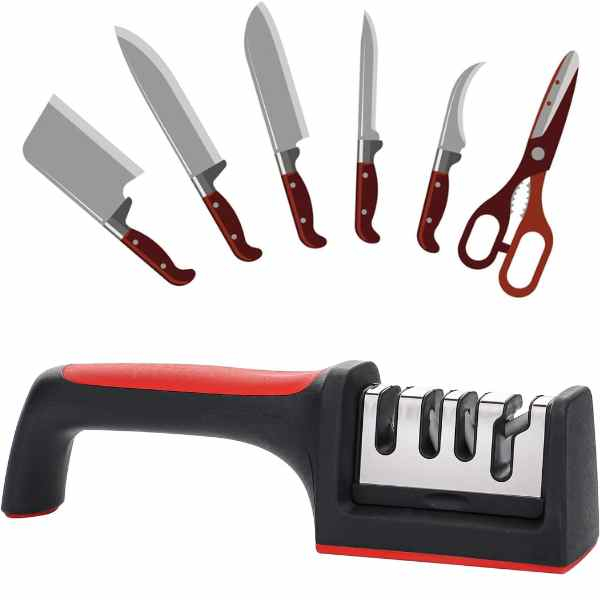Ascutitor pentru Cutite si Foarfece 4 Niveluri cu Maner Ergonomic si Anti-Derapant 21.5 x 5 x 5.6 cm Negru cu Rosu – IoArtify.ro [2]