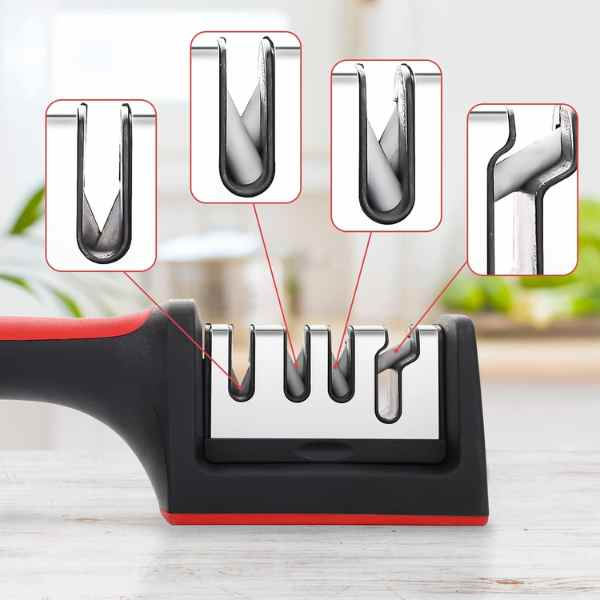 Ascutitor pentru Cutite si Foarfece cu 4 Niveluri si Maner Ergonomic 21.5 x 5 x 5.6 cm Negru cu Rosu - IoArtify.ro [8]