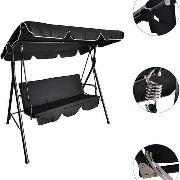 Balansoar de Gradina 3 Locuri Structura Metalica Rezistent UV 173 x 110 x 154 cm Negru - IoArtify.ro [2]