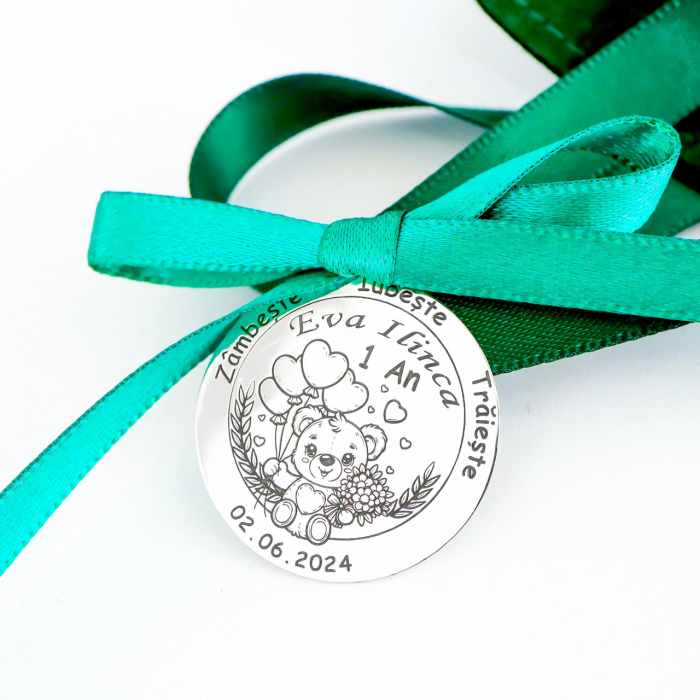 Bijuterie personalizabilă pentru botez - banuț argint Teddy Bear 2.5cm - cadou unic [2]