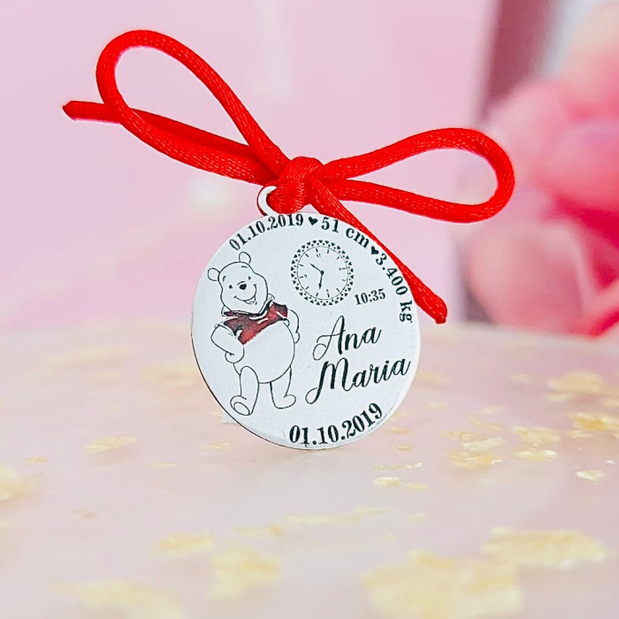 Bănuț Argint 2cm Botez Personalizabil Ursulet - Cadou Special Copil - Gravură Winnie - Bijuterie Memorabilă [1]