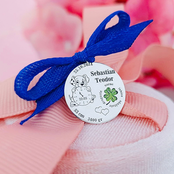 Bănuț Argint 2cm Botez Mot Scaldat Trifoi - Bijuterie Personalizată de Calitate [1]