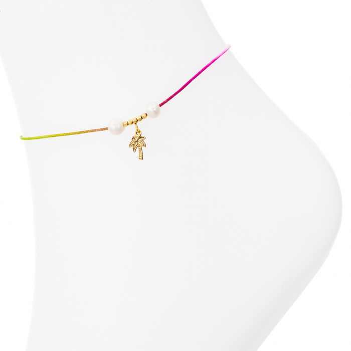 Brățară reglabilă de picior cu palmier din aur 14K, perle de cultură și șnur multicolor - Eleganță exotică pentru vară [3]