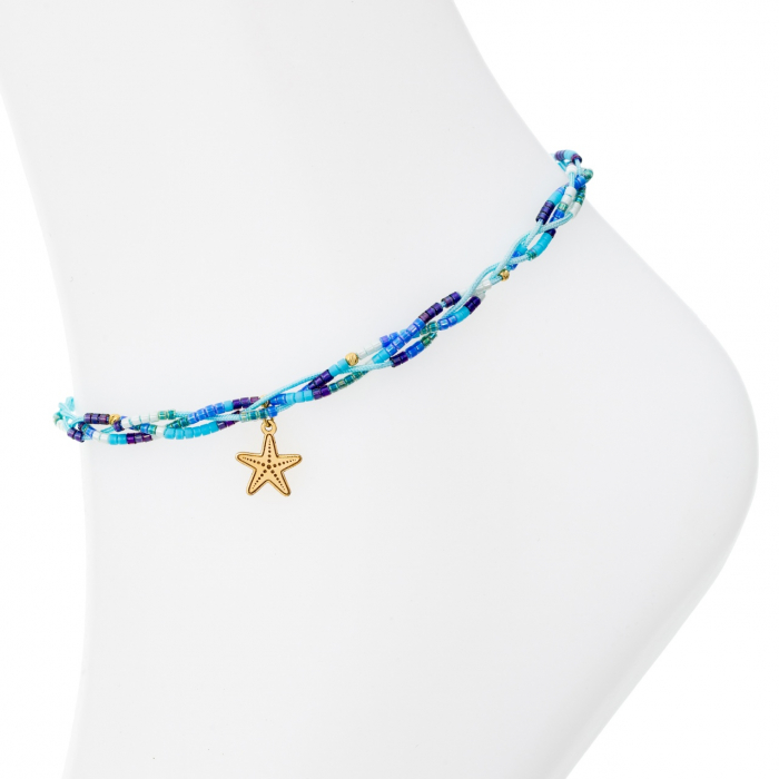 Brățară reglabilă pentru picior cu stea de mare și biluțe din aur 14K, design elegant și personalizabil [2]
