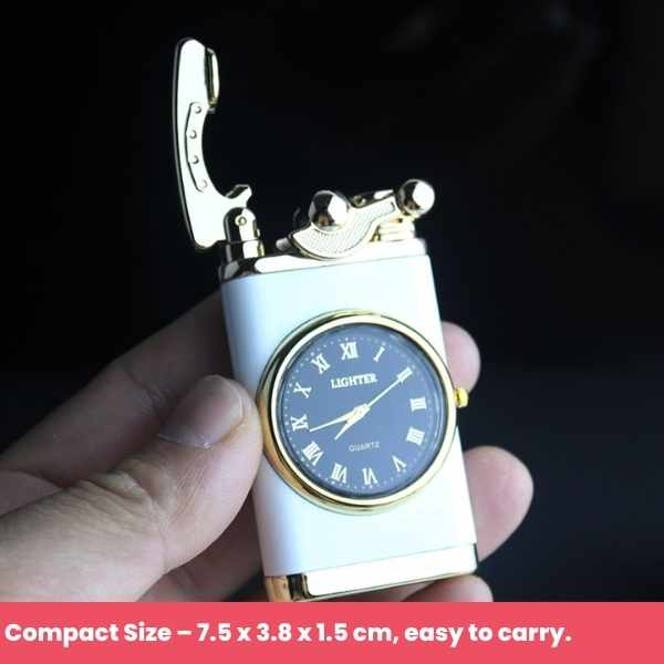 Bricheta Reincarcabila pe Gaz cu Flacara Alba Antivant si Ceas Reglabil Incorporat 7.5 x 3.8 x 1.5 cm Alb cu Auriu – IoArtify.ro [8]