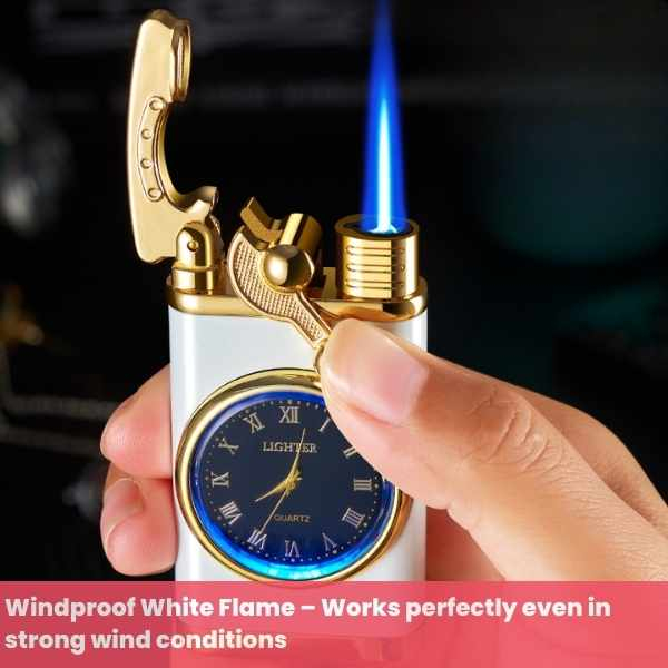 Bricheta Reincarcabila pe Gaz cu Flacara Alba Antivant si Ceas Reglabil Incorporat 7.5 x 3.8 x 1.5 cm Alb cu Auriu – IoArtify.ro [4]