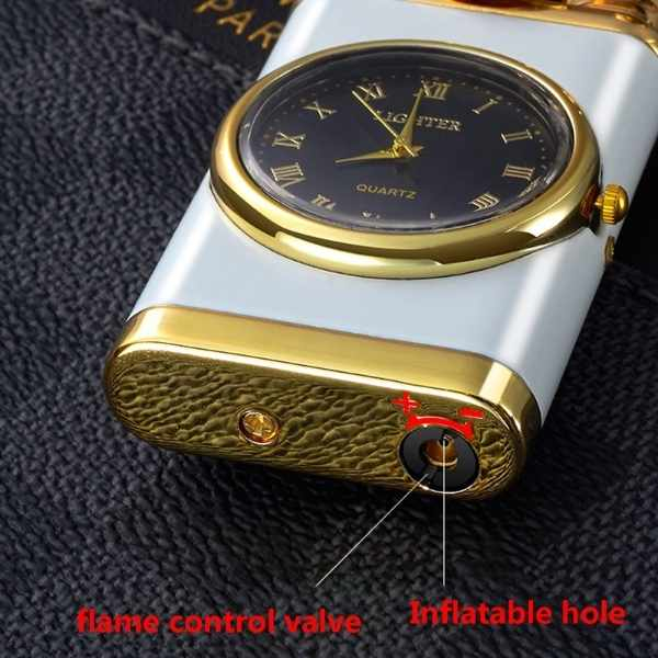 Bricheta Reincarcabila pe Gaz cu Flacara Alba Antivant si Ceas Reglabil Incorporat 7.5 x 3.8 x 1.5 cm Alb cu Auriu – IoArtify.ro [3]