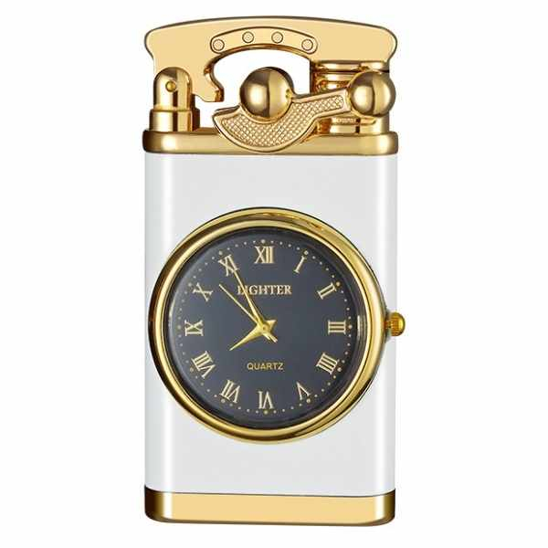 Brichetă Reîncărcabilă Mercaton cu Ceas Quartz, Flacără Albă Antivânt, Design Elegant Alb cu Auriu, Compact și Sigur [1]