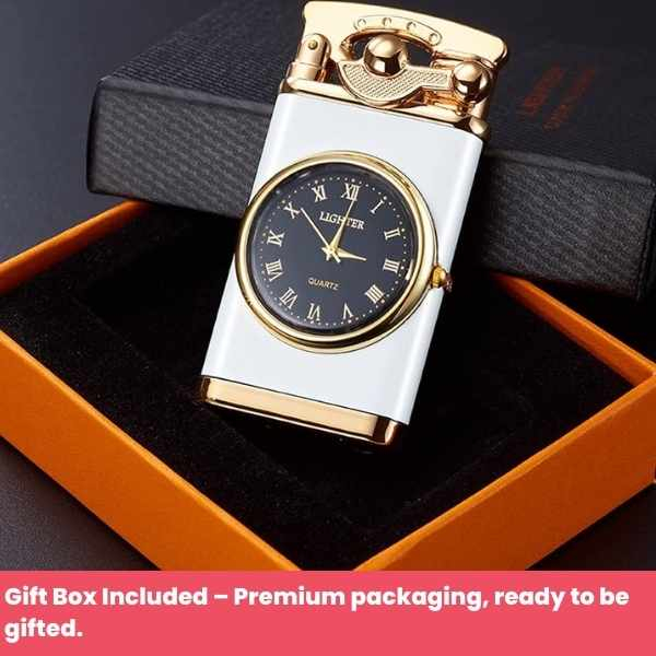 Bricheta Reincarcabila pe Gaz cu Flacara Alba Antivant si Ceas Reglabil Incorporat 7.5 x 3.8 x 1.5 cm Alb cu Auriu – IoArtify.ro [2]