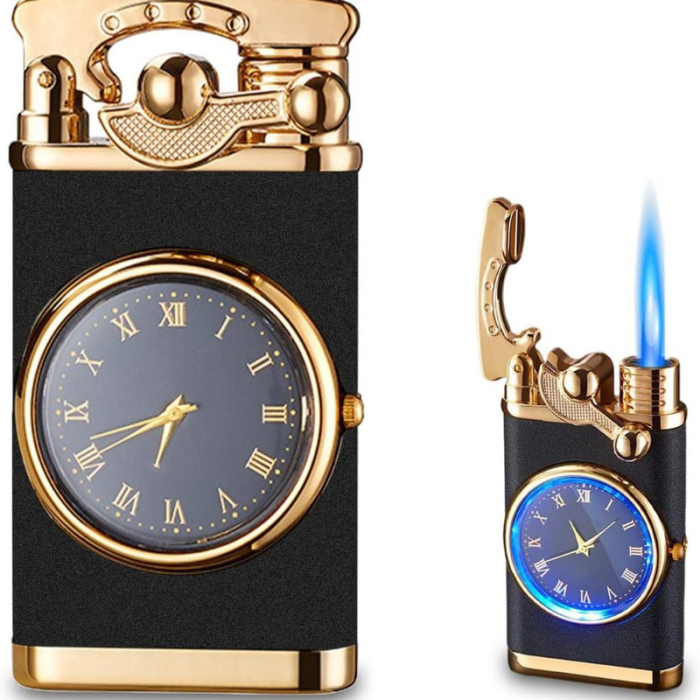 Bricheta Reincarcabila pe Gaz cu Flacara Alba Antivant si Ceas Reglabil Incorporat 7.5 x 3.8 x 1.5 cm Negru cu Auriu – IoArtify.ro [2]