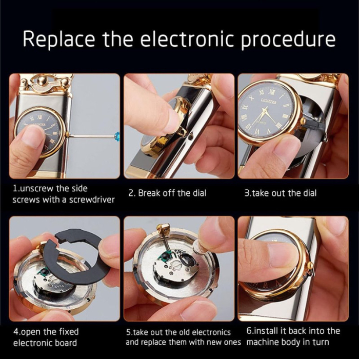 Bricheta Reincarcabila pe Gaz cu Flacara Alba Antivant si Ceas Reglabil Incorporat 7.5 x 3.8 x 1.5 cm Negru cu Auriu – IoArtify.ro [9]